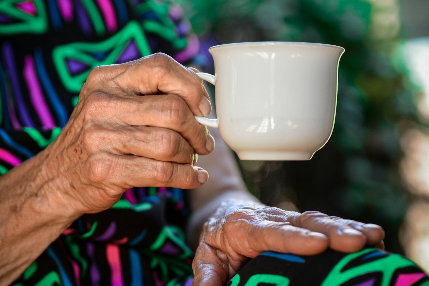 Close view of an older woman's hands holding a white teacup
