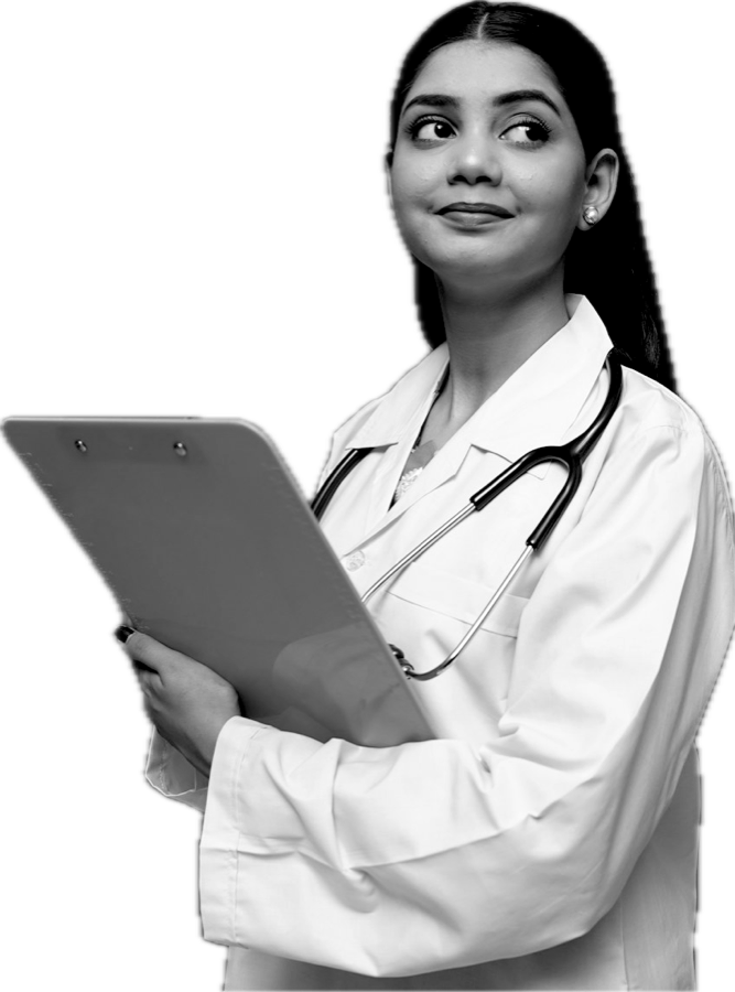 A clinician in a white coat holding a clipboard
